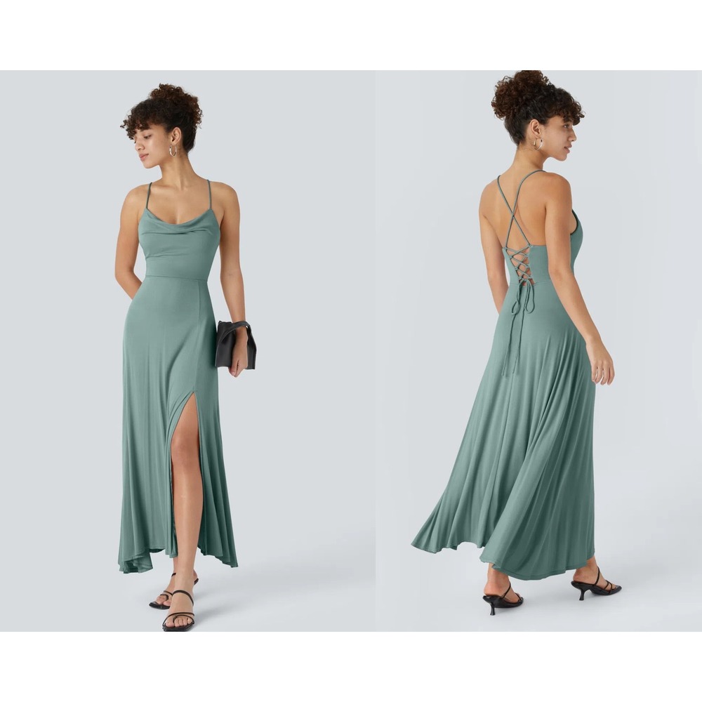 Halara Clear Green Ribbed Cowl Neck Lace Up Midi Dress Size Medium